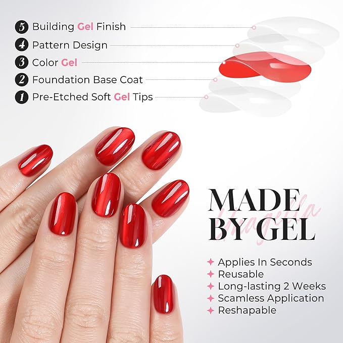 UNA GELLA 32Pcs Soft Gel Press on Nails - 16 Sizes Red Cat Eye Oval Round Glue on Nails, Reusable Glitter Velvet False Nails, Full Cover Acrylic Nail Kit for Women DIY Home Manicure