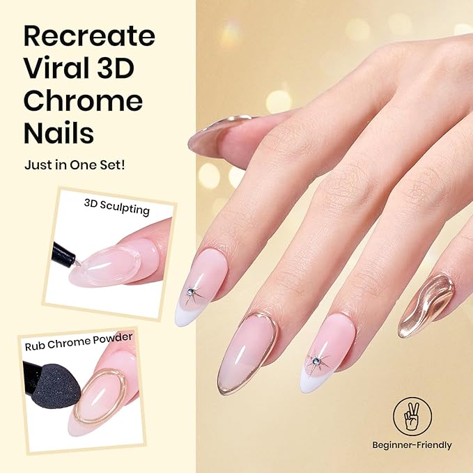 Beetles Sculpting Gel 3D Gel Nail Art 3 in 1 Clear No Wipe Nail Polish Rhinestone Art Glue Gel for Drawing, Molding, Gems and Decoration with Golden Chrome Nail Powder for DIY Nail Designs, 15g