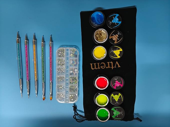Vtrem 6 Colors 8ML Spider Gel Set with 5 PCs Double Ended Point Drill Drawing Brush Pen Nail Rhinestones Matrix Gel with Gel Paint Design Nail Art Kit Wire Drawing Blue Yellow Nail