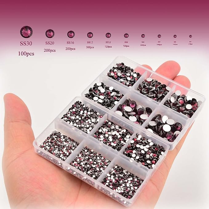 NCB 8000pcs Non Hotfix Rhinestones 10 Sizes Flatback Crystal Glass Rhinestones with Tweezers and Picking Pen for Nail Art Clothes Bags Phone Decorations Crafts DIY (016 Amethyst Mix SS3-SS30)