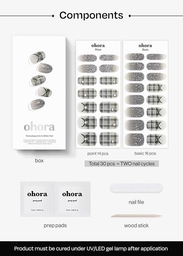ohora Semi Cured Gel Nail Strips (N Check Noir) - Works with Any Lamps, Salon-Quality, Long Lasting, Easy to Apply & Remove - Includes 2 Prep Pads, Nail File & Wooden Stick