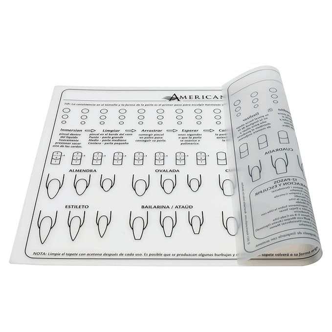 Americanails Acrylic Nail Training Mat, Spanish, Plantilla en Silicona Para Principiantes, Aprender Aplicar Uñas Acrílicas, Ayudará Aprender Los Conceptos Básicos De La Aplicación Acrílica