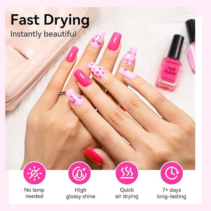Bright Pink Nail Polish Set - 6 Colors Pastel Hot Pink Tones Neon Pink Light Pink Shades Air Dry Regular Nail Polish Pack Non Gel, Salon-Quality Manicure Nail Art Gift