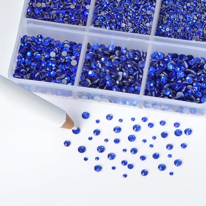 Bymitel Hotfix Crystal Rhinestones Round Gems for Crafts,Mixed 6 Sizes with Wax Pencil Kit, Sapphire 1.3-3.2mm(SS3-SS12/8000pcs)