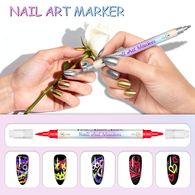12 Colors Nail Art Pens Set, Dual-Tip Nail Polish Pens, Nail Art Markers, Multifunctional 3D Acrylic Paint Nail Art Marker Pens for Nail Art DIY Point Dotting Graffiti Drawing, Quick-Dry Waterproof