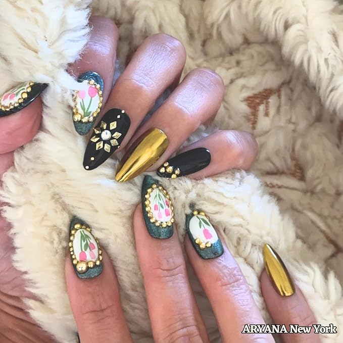 ARYANA NEW YORK 3D Press On Nails Handmade with Full Covered Crystals and Flowers Reusable Fake Nails Luxury Almond Nail Set, 10 PCS Acrylic Handmade Press On Nails - Flower Collection - (Small)