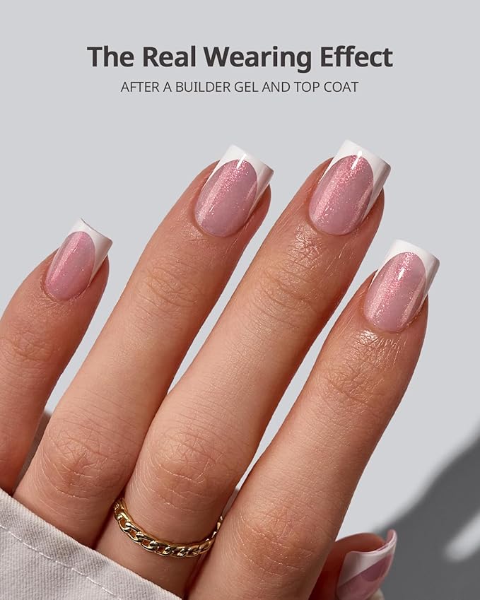 BTArtboxnails Shimmering French Tip Nails - 96Pcs Sparkling Pink Base Extra Short Press On Nails, Requires Nail Lamp & Top Coat, 16 Sizes Full Set for Wedding