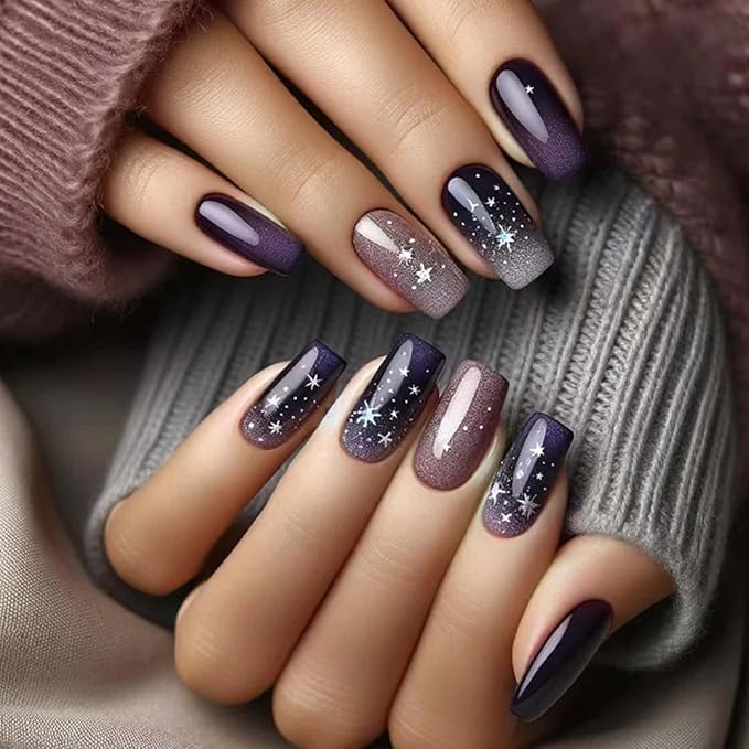 Black Press on Nails Short Square 24 Pcs Glossy Full Cover Stick on Nails Gradient False Nails with Starry Night Designs Reusable Acrylic Glue on Nails for Women Girls Gel Nail Strips