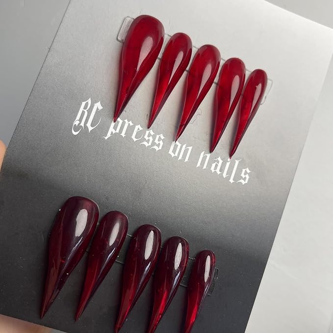 Luxury Press on Nails Long Curved Stiletto Handmade Eagle Claw Unique Reusable ABS Material Red Fake Nails Dragon Claw False Nails with Designs Cat Claw Glossy Glue on Nail Thick Acrylic Nail(M)