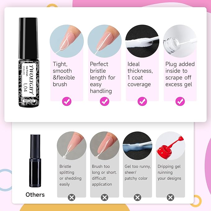 TWOEIGHT Gel Nail Polish Liner Nail Art 12 Colors 8ml UV Lamp Soak-off Polishes Pigmented Red Pink Glitter Built Thin Brush in Bottle Manicure DIY at Home Salon Quality Gift for Women for Mom