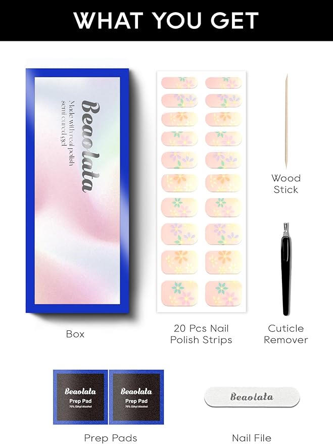 Semi Cured Gel Nail Strips - UV Light Gel Nail Stickers - 20 Long Lasting Salon Quality Wraps (Blossom Nude)