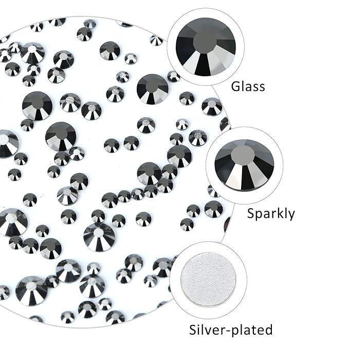 4240Pcs Jet Hematite Flatback Rhinestones 6 Sizes Crystal Diamonds for Nail Art Crafts Clothes Shoes with Tweezers and Picking Pen