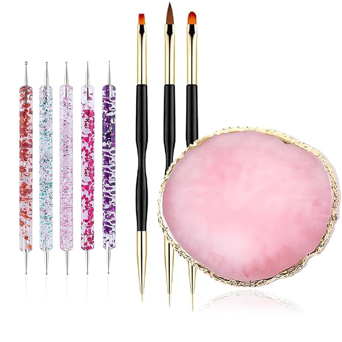 9Pcs Nail Art Brushes Set, 1 Resin Nail Art Palette, 5 Nail Art Dotting Pens, 3 Nail Art Painting Brushes, Nail Polish Mixing Palette Double-Ended Dotting Pen Nail Liner Nail Drawing Brushes