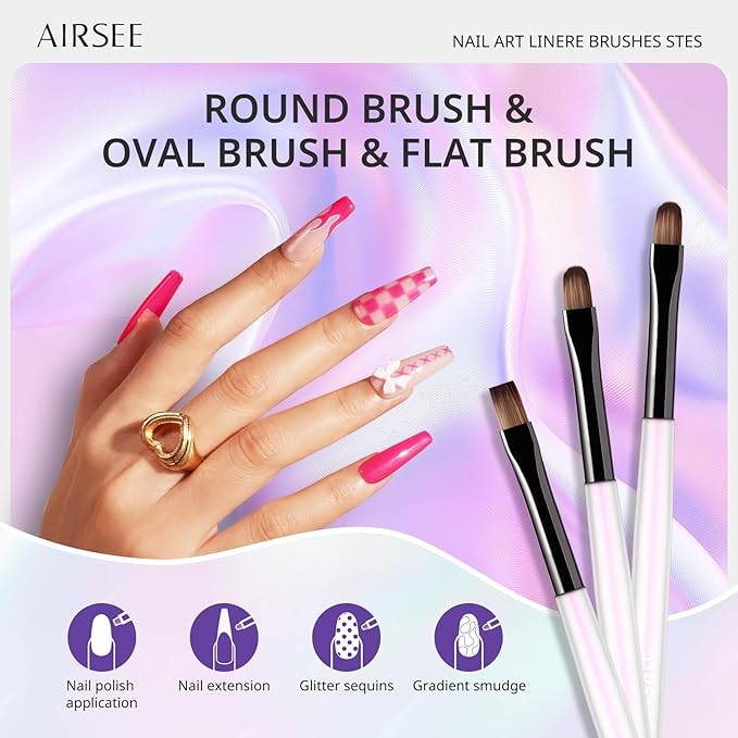 AIRSEE Gel Polish Nail Art Brushes set, 7PCS Nail Art Design Tools with Painting, Polish, Liner, Detail, Extension, and Carved Brush, DIY Manicure Tools Gift for Women, Aurora White