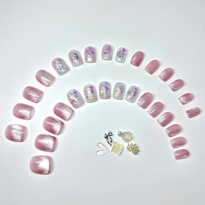Handmade Press On Nails Short Square Cat Eye in Light Pink with Glitter Floral Details & More. Reusable Nails (15 Sizes, 30 Nails + Glue) | Designed in L.A, Made in Vietnam | Sparkling Romance