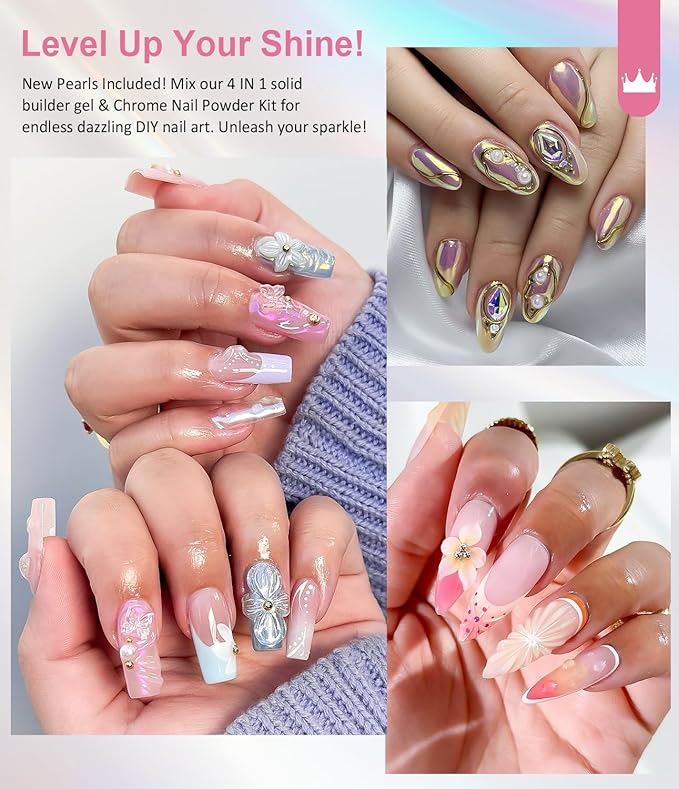 Solid Builder Gel and Chrome Nail Powder Kit BISHENGYF: 60g 4 In 1 No Wipe 3d Sculpting Nail Gel Aurora Pink White Pearl Chrome Nail Powder Clear Non-Sticky Hand Extension Glue for Nail Decoration