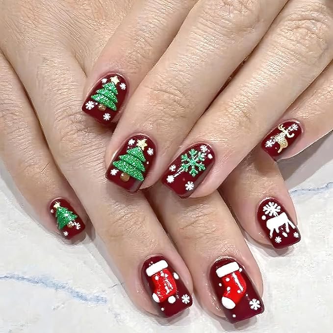 Christmas Press on Nails Medium Square Fake Nails with Snowflake Elk Stocks Christmas Tree Designs Red Xmas False Nail Winter Acrylic Artificial Stick on Nail for Women 24 Pcs