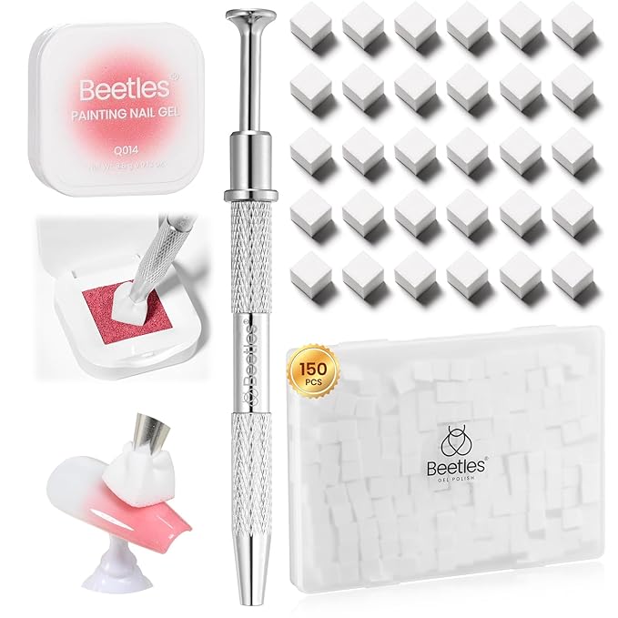 Beetles 150Pcs Soft Nail Sponges for Ombre, White Nail Sponge with Grabbing Pen, Pink Pat Painting Gel Polish Kit for Gradient Ombre Blush Chrome Design Nails Art Tools, Home DIY Salon Manicure