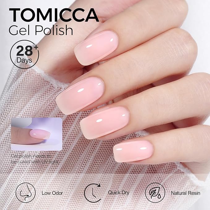 TOMICCA Pink Gel Nail Polish, Light Milky Pink, Quick Dry, Soak Off UV, Long Lasting Nude Nail Art Manicure Home DIY