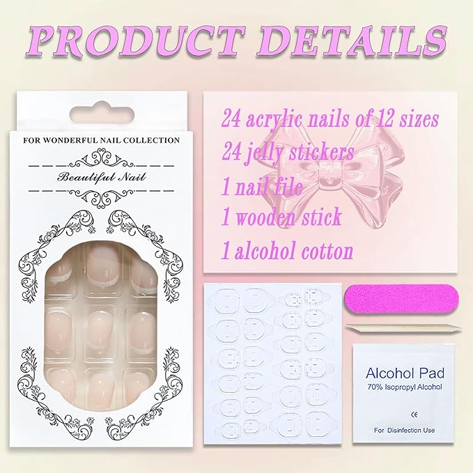 Short Square Press on Nails Petite MABKJLF French Tip Fake Nails Light Pink Full Cover White Nail Tip False Nails with Nail Glue Glossy Glue on Nails Manicure Artificial Nails for Women Girls 24Pcs