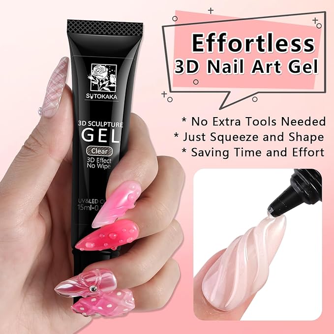 3D Gel Nail Art & Chrome Nail Powder Kit, 15g Clear Sculpting Gel No Wipe Molding Gels Glue with Gold Silver Metallic Mirror Effect Chrome Powder Manicure DIY Salon Home Use