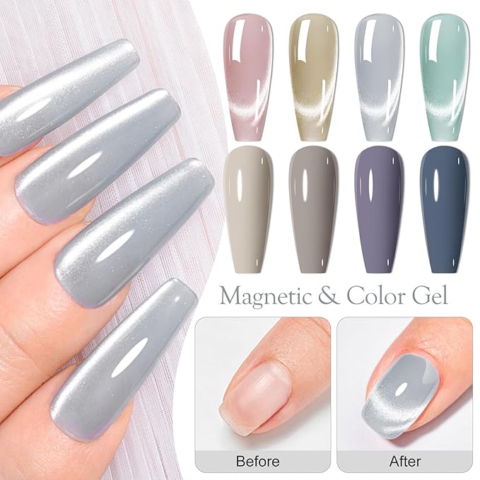 MEET ACROSS 8pcs Gel Nail Polish Set, Soak off UV LED Lamp Gel Nail Polish Cat Eye Set Home Gel Manicure Kit 7ml (Cat Eye + color Gel-3)