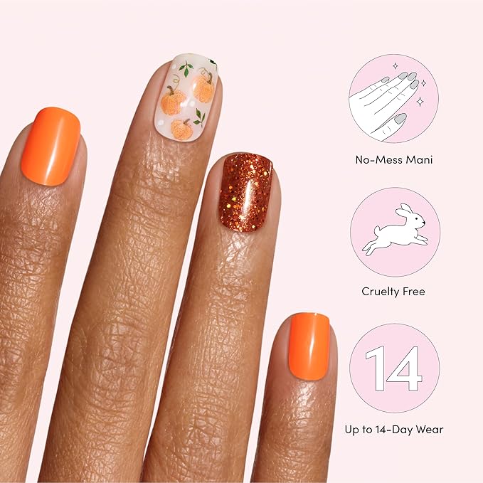 Dashing Diva Gloss Nail Strips - The Great Pumpkin - UV Free, Chip Resistant, Long Lasting Gel Nail Stickers - 3-Piece Halloween Manicure Set - Contains 32 Wraps, 1 Prep Pad, 1 File