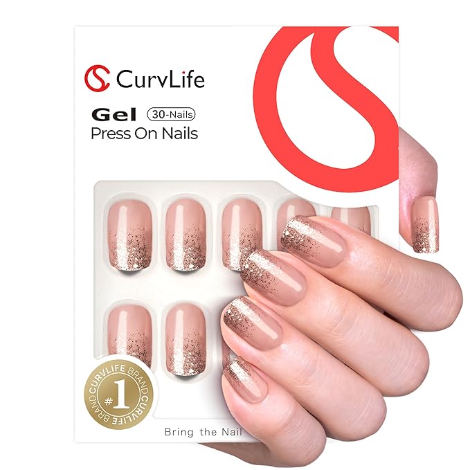 Curvlife Press on Nails Acrylic Fake Nails with 30pcs Fluid Gold Short Square Design Full Cover False Nails for Women Reusable Nail Kit with Nail Glue Adhesive Tabs