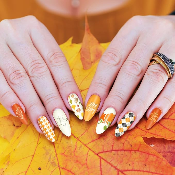 Whaline 6Pcs Fall Thanksgiving Theme Nail Art Stamping Plate Kit Various Pattern Pumpkin Maple Autumn Blessing Collection Checkered Nail Art Plate for Thanksgiving Day DIY Design Print Manicure Salon