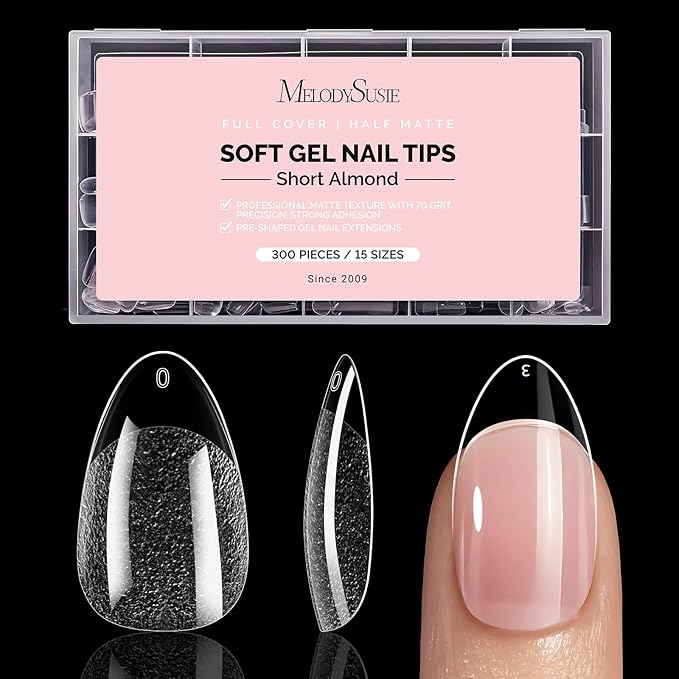 MelodySusie Short Almond X Nail Tips - 300Pcs 15 Sizes Clear Acrylic,Half Matte Full Cover Press on Nails for DIY Extension & Salon Use, Pre-Shaped for Long-Lasting Manicure