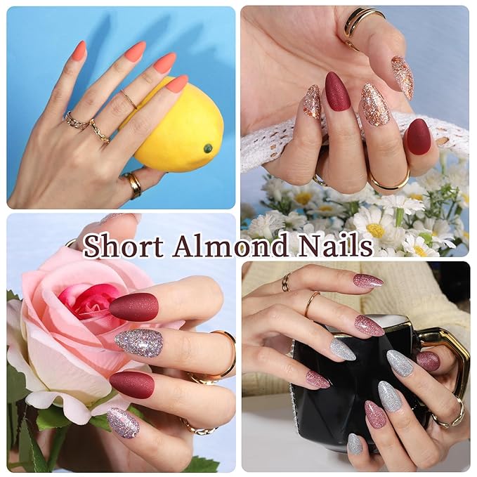 Teenitor 288pcs Short Almond Press on Nails for Women, 12 Sets of Short Fake Nails with Glue, Matte & Glitter Finish