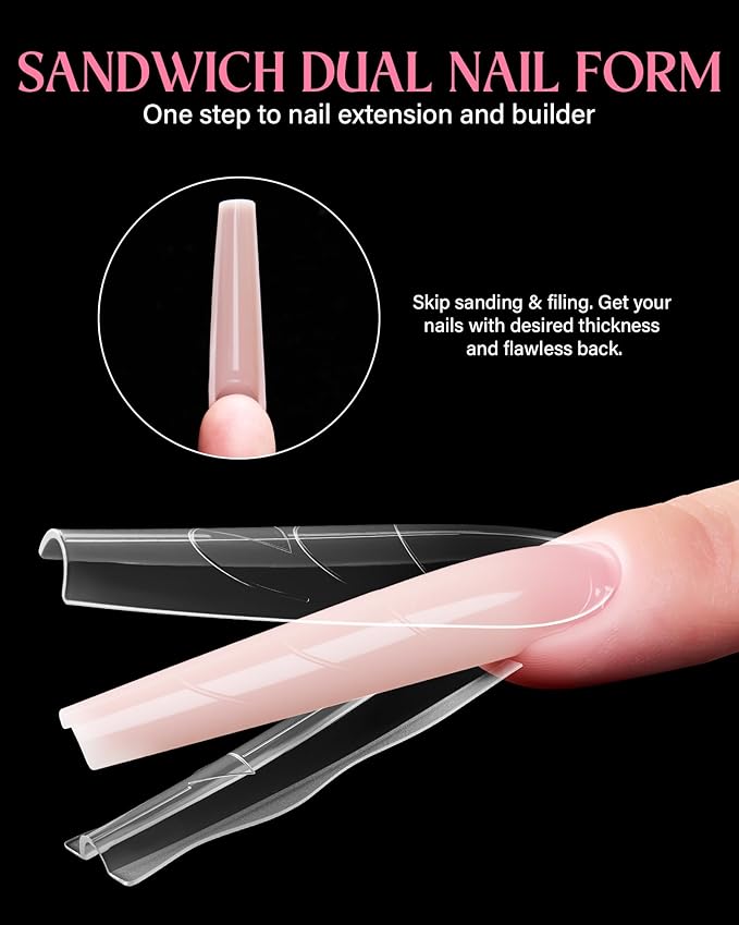 Sandwich Nail Dual Form Kit - 360 PCS Coffin & Almond Dual Forms for Nail Extensions, 15 Sizes, Reusable Plastic Forms for Polygel, Acrylic, Builder Gel - Perfect for DIY & Salon Use