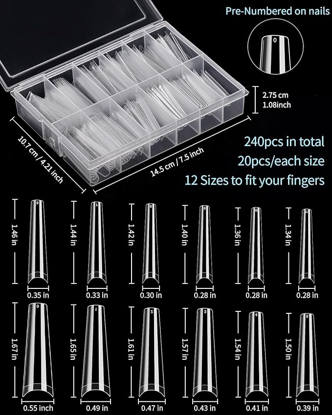 MORGLES 240 Pcs Half Cover Coffin Nail Tips Clear Acrylic Extra Long False Nail Tips with Glue, Clipper, Files and Cuticle Fork for Salons and Home DIY
