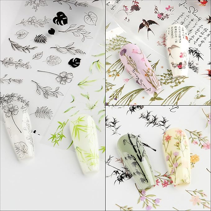 JERCLITY 10 Rolls Flower Nail Foil Transfer Sticker Kit Bamboo Ink Painting Pattern Nail Foil Sheets Foil Nail Art Decals Spring Nail Foil Transfer Stickers Foil Nail Wraps for Foil Nail Art