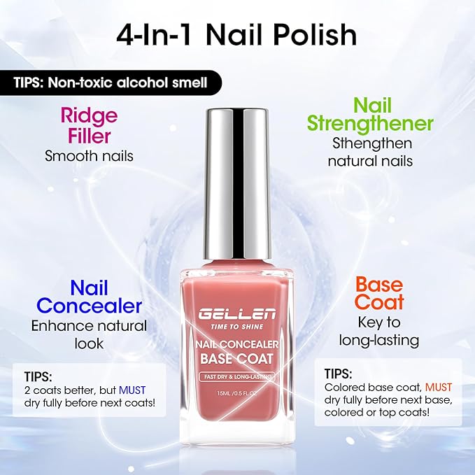 GELLEN Illuminating Nail Concealer Base Coat Nail Polish, Dusty Rose Calcium-Formula Regular Nail Polish Strengthens Nails, Quick Air Dry, Long Lasting, HEMA Free, TPO Free, Non-toxic