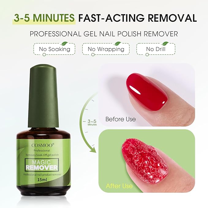 COSMOO Magic Gel Polish Remover Kit, Professional Gel Remover for Nail, Quickly Remove Gel Nails Polish in 2-5 Minutes, Includes Tools Nail file and Nail Removal Push