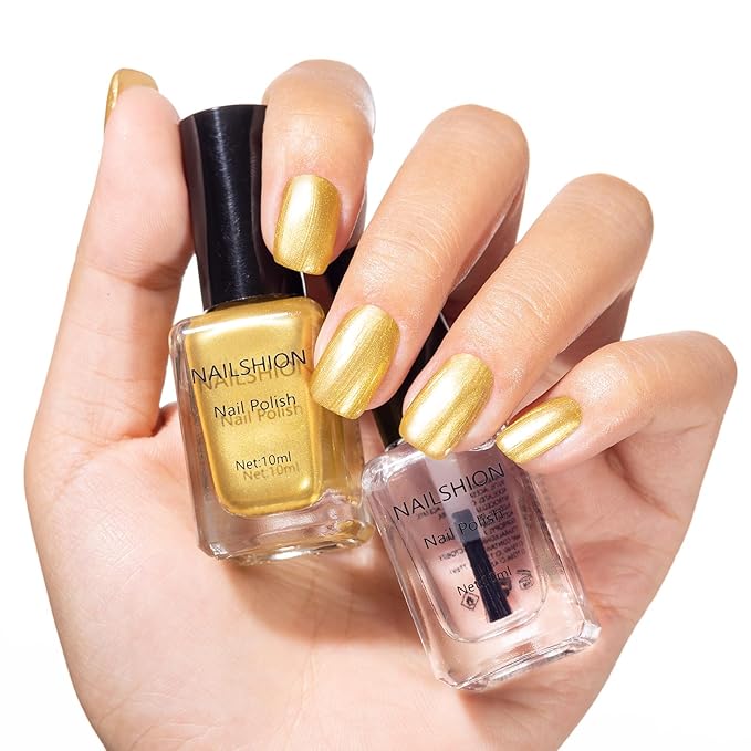Metallic Gold Nail Polish with Base Top Coat 3 IN 1 Nail Strengthener, Quick Dry Clear & Liquid Golden Nail Polish Duo, Opaque, Non-Gel, Professional Nails Art Kit Home Manicure DIY Gift
