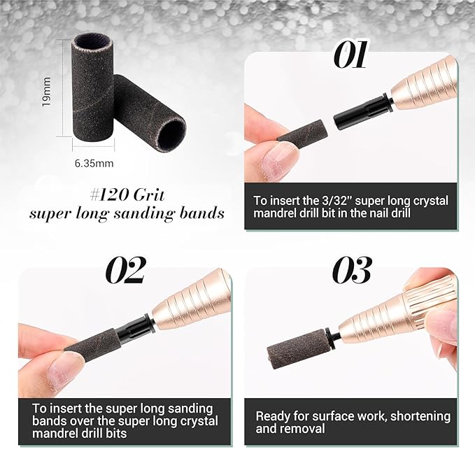 MelodySusie 50 Pcs Nail Drill Bits Super Long Sanding Bands with 6.65mm Crystal Mandrel Bit, 240 Extreme Fine Grit Nail File for Acrylic Nails Gel Manicures and Pedicure, Black