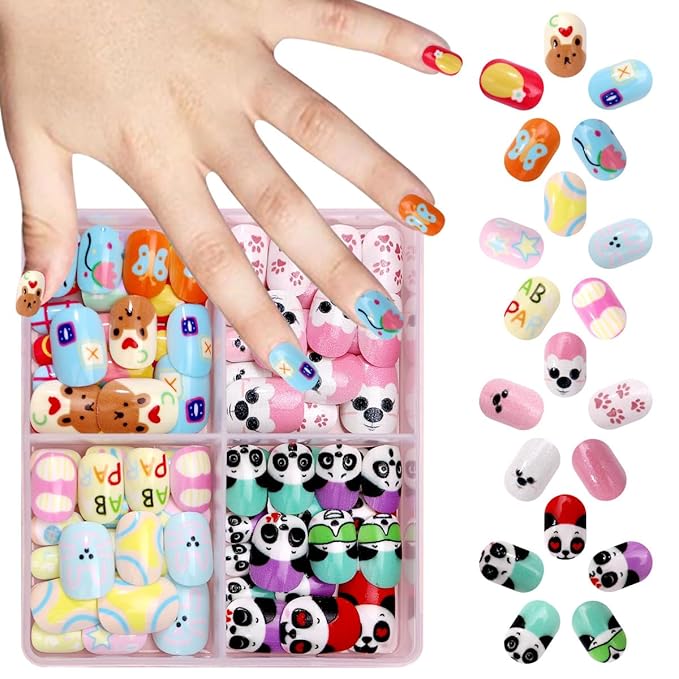 96Pcs 4 Packs Cute Short Press on Nails for Girls 4 Styles 12 Sizes Press on Nails for Kids Press ons with Panda Flower Animal Designs Full Cover Acrylic Nails for Little Girl Gift DIY Manicure