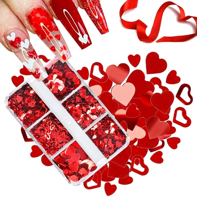 3D Nail Art Heart Red Sequin Valentine's Day Holographic Laser Romantic Stickers Nail Art Glitter Decoration Decals for Woman Girl 6 Grids