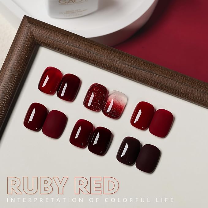 GAOY Red Gel Nail Polish Set, 6 Colors Burgundy Cherry Dark Red Jelly Glitter Soak Off UV Light Cure Gel Polish Kit for Salon and Nail Art DIY at Home