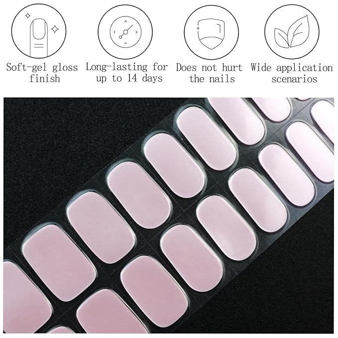 Semi Cured Gel Nail Strips Mirror Pink Gel Nail Stickers 20Pcs Polish Nails Wraps UV/LED Light Needed Gloss Nails Polish Strips for Women Includes Prep Pads, File, Wooden Cuticle Stick
