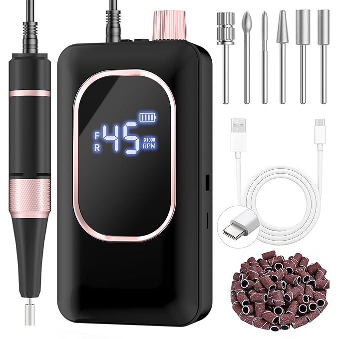 Professional Electric Nail Drill 45000RPM, Portable Nail File for Acrylic Gel Nails, Cordless Rechargeable Salon-Grade Ultra Power Nail Drill Kit for Shaping, Polishing & Removing Gel Nails,Black