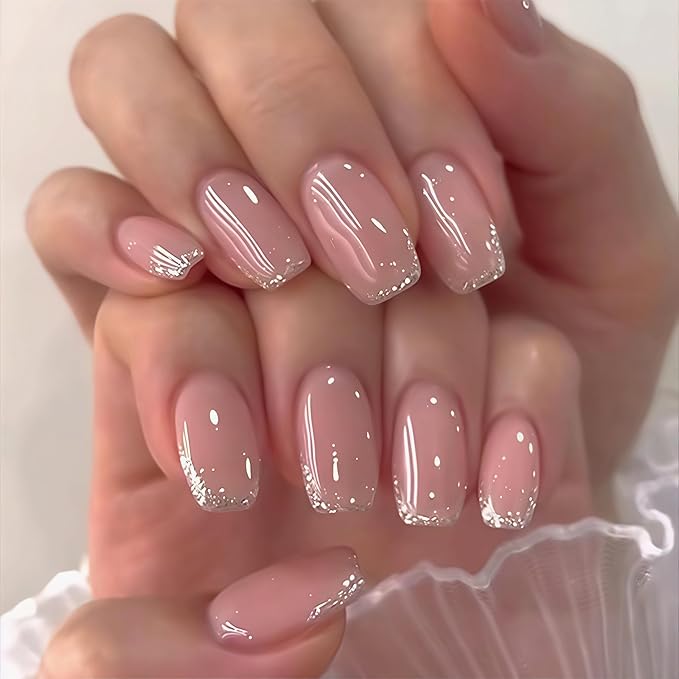 Nude Press on Nails Short Oval fake Nails Silver Glitter French false Nails Full Cover Nude Glitter French Glossy Reusable Artificial Acrylic Nails for Women and Girls DIY Manicure Decoration 24Pcs