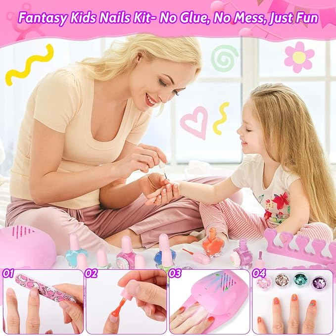 Kids Nails and Nail Polish for Girls, 144 Mini Press On for Kids, 12 Non-Toxic Nail Polish, Dryer, Gems Stickers, Cute Nail Stuff Gift for Girls Age 8-12