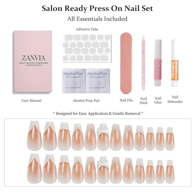 Press On French Tip Nails Handmade - Medium Ballerina Sheer Pink 3D Bow Pearls, Lightweight Durable False Nails For Women, Perfect For Gifting Or Salon Use, 24 Nails in 12 Sizes