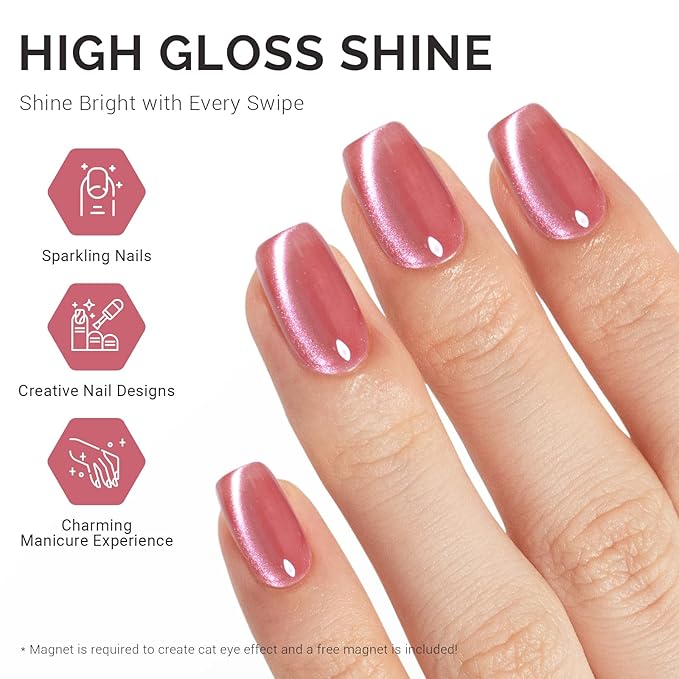 MelodySusie Silky Cat Eye Gel Nail Polish, Rosy Pink Glitter Holographic Magnetic Nail Polish with Magnet, 0.5 Fl Oz UV Gel for Nail Art Manicure Salon DIY at Home B5603
