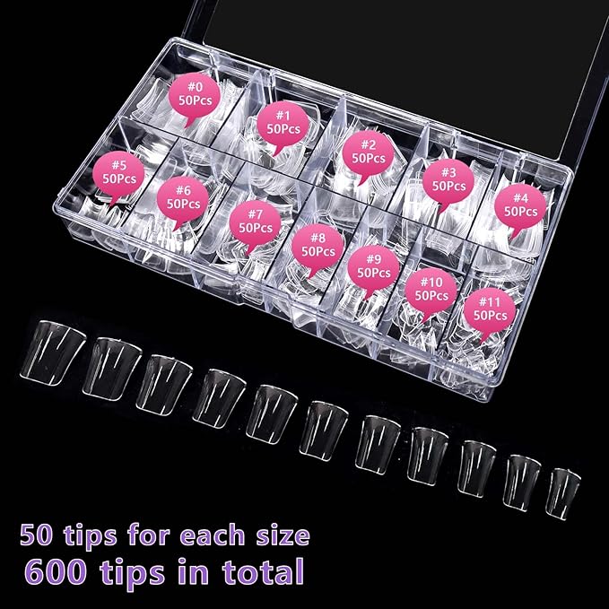 Laza 600pcs Short Duck Nail Tips 12 Sizes Box-packed Clear Duck Nails Full Cover Wide Nail Tips French False Nail Tips for Acrylic Nails Extension Tips — 22MM