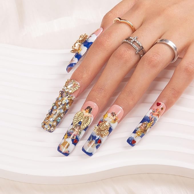 LOVFUL Press on Nails the Palace of Murals| Handmade with Full Covered Crystals| Reusable Fake Nails| Square Mid length 1.7in| H174-L