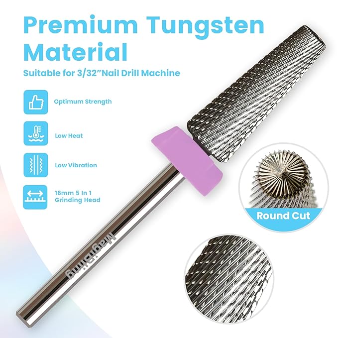 16mm 5 in 1 Tapered Barrel Nail Drill Bits, 3/32'' Safety Tungsten Carbide Bits for Professionals, Right & Left Rotation, Manicure Cuticle Gel Acrylic Removal Polishing, Technicians Bits, Double Fine